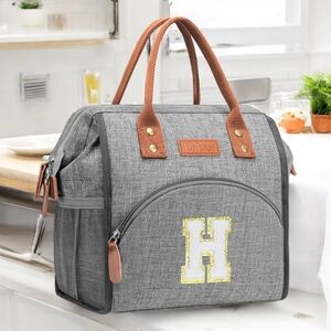 LoKass Gray Lunch Bag with Brown Handles